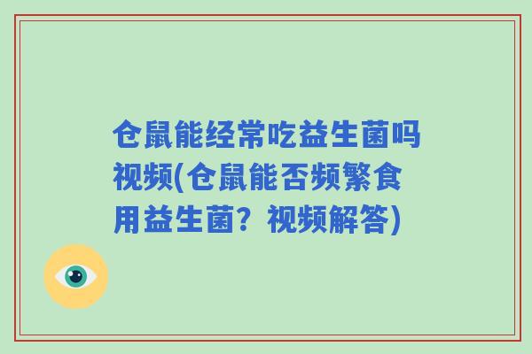 仓鼠能经常吃益生菌吗视频(仓鼠能否频繁食用益生菌?视频解答) 仓鼠能经常吃益生菌吗视频(仓鼠能否频繁食用益生菌?视频解答)
